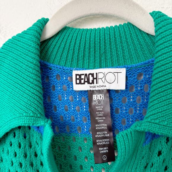 [Beach Riot] Green Blue Rugby Striped Wynn Open Knit Long Sleeve Sweater Large - Picture 11 of 11